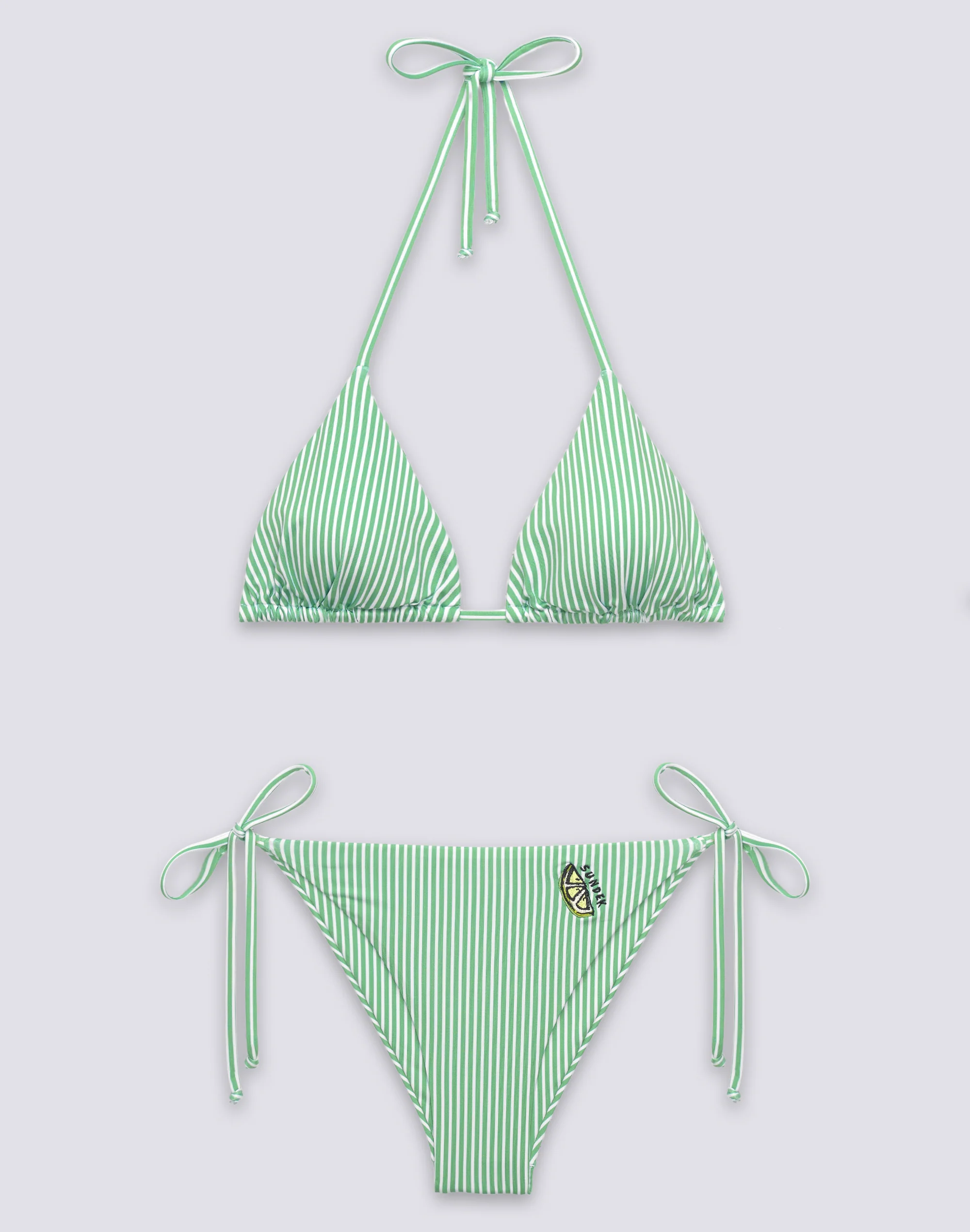 BIKINI DONNA TOP A TRIANGOLO E SLIP A LACCETTI STAMPA JUICY STRIPES CON RICAMO FRUTTA